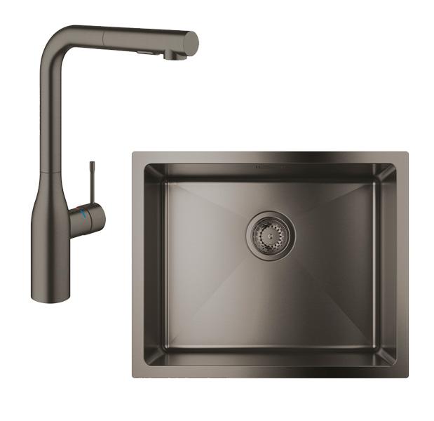 Grohe K700U rustfri st&aring;lvask inkl. Grohe Essence New k&oslash;kkenarmatur m/udtr&aelig;k - B&oslash;rstet hard graphite