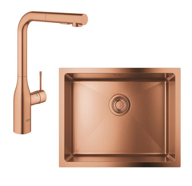 Grohe K700U rustfri st&aring;lvask inkl. Grohe Essence New k&oslash;kkenarmatur m/udtr&aelig;k - B&oslash;rstet warm sunset