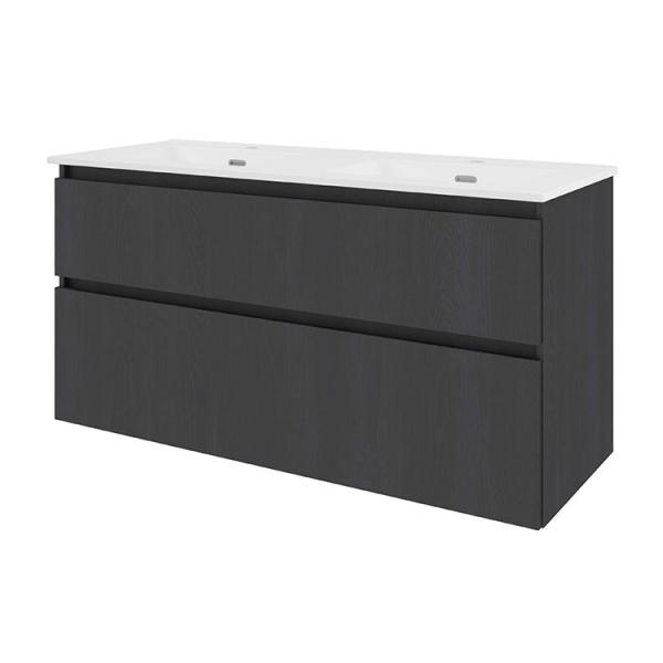 Sanibell Proline 120 m&oslash;bels&aelig;t m/2 asymmetriske skuffer og dobbeltvask - Sort eg