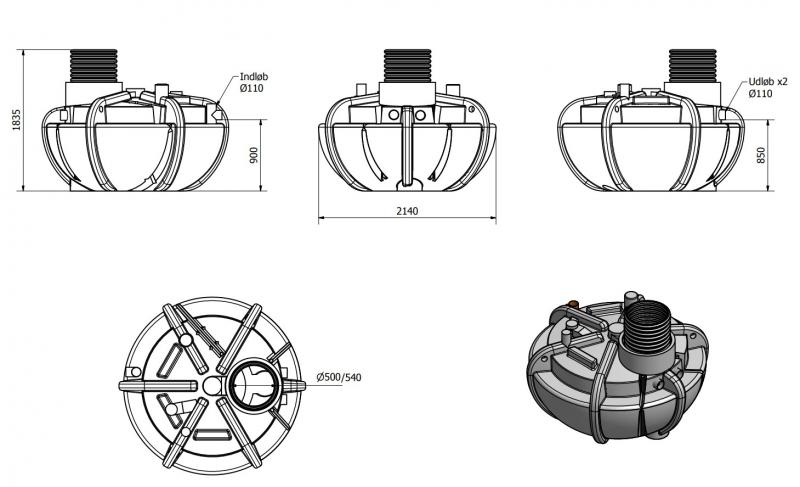 Watercare 3-kammertank 5PE - Gravitation m/indbygget fordelerbr&oslash;nd