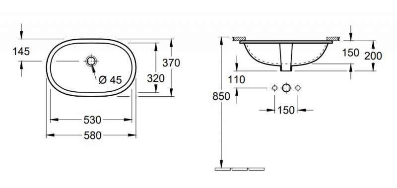 V&B O.novo 53 håndvask t/underlimning - Med overløb V&B O.novo 53 håndvask t/underlimning - Med overløb