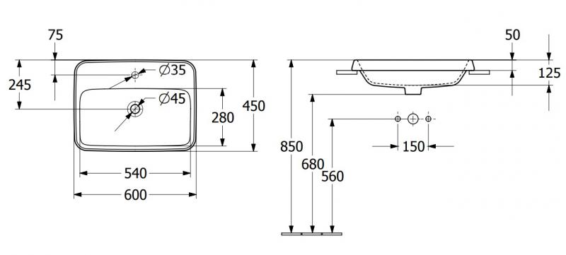 V&B Architectura 60 h&aring;ndvask t/nedf&aelig;ldning - 1/3 hanehuller