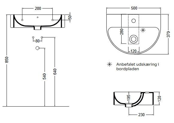 Lavabo 50 halvrund h&aring;ndvask t/v&aelig;g eller bord - 1 hanehul
