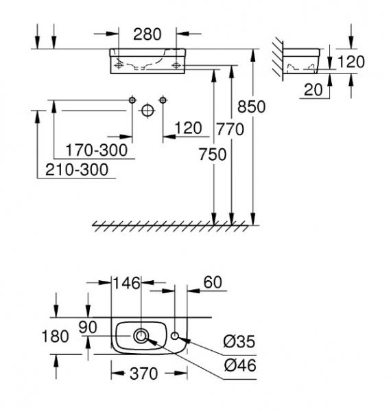 Grohe Euro 37 h&aring;ndvask t/v&aelig;g - 1 hanehul til h&oslash;jre