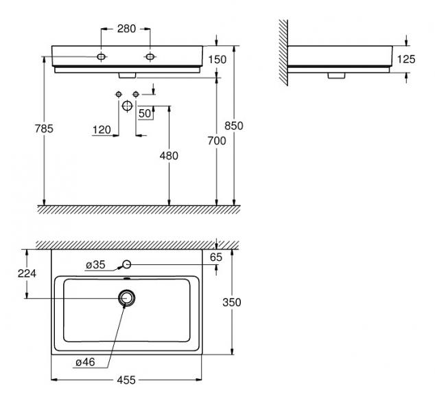 Grohe Cube 45 håndvask t/væg - 1 hanehul - PureGuard Grohe Cube 45 håndvask t/væg - 1 hanehul - PureGuard