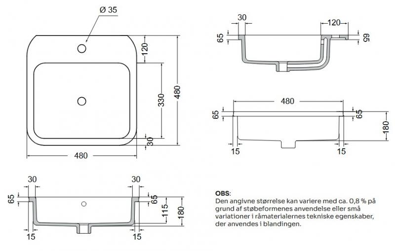 Lavabo Cosa 48 h&aring;ndvask t/nedf&aelig;ldning - 1 hanehul