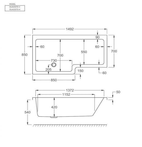 Str&oslash;mberg Quantum badekar t/brus - 150 x 70/85 - H&oslash;jre - 1 rygl&aelig;n