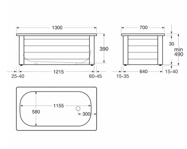 Gustavsberg badekar t/indbygning - 130 x 70 - 1 rygl&aelig;n