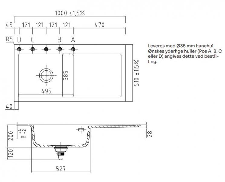 Lavabo Mera 100 SL porcelænskøkkenvask - Vask til venstre/krom afløb Lavabo Mera 100 SL porcelænskøkkenvask - Vask til venstre/krom afløb