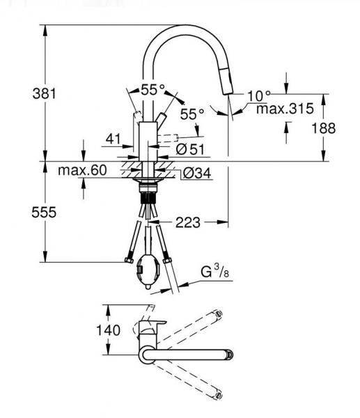 Grohe Feel k&oslash;kkenarmatur m/udtr&aelig;k og svingtud - Steel