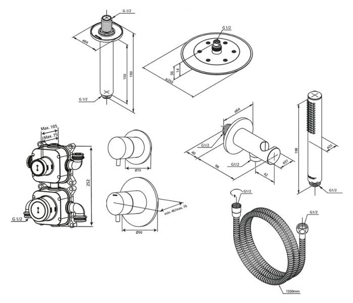 Damixa Silhouet DS 2 komplet brusesystem til indbygning - Steel Damixa Silhouet DS 2 komplet brusesystem til indbygning - Steel