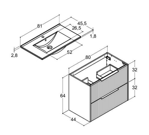 Dansani Mido+ Classic 81 m&oslash;bels&aelig;t m/Amber vask og 2 skuffer - Striber/mat sand
