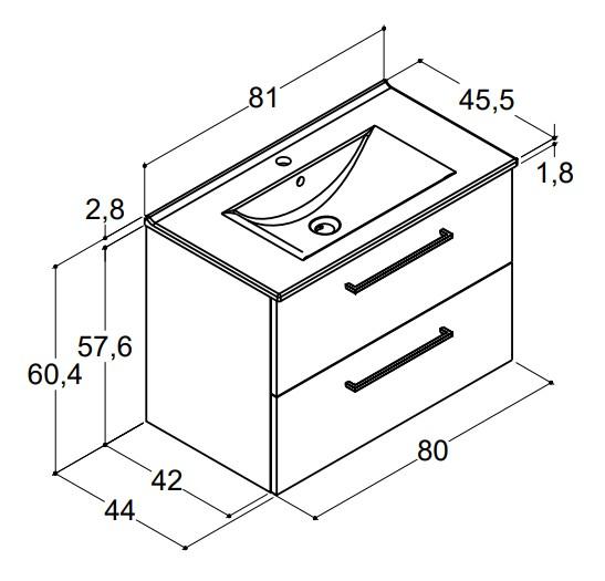 Dansani Mido+ 80 m&oslash;belpakke m/Amber vask og 2 skuffer - Varm eg