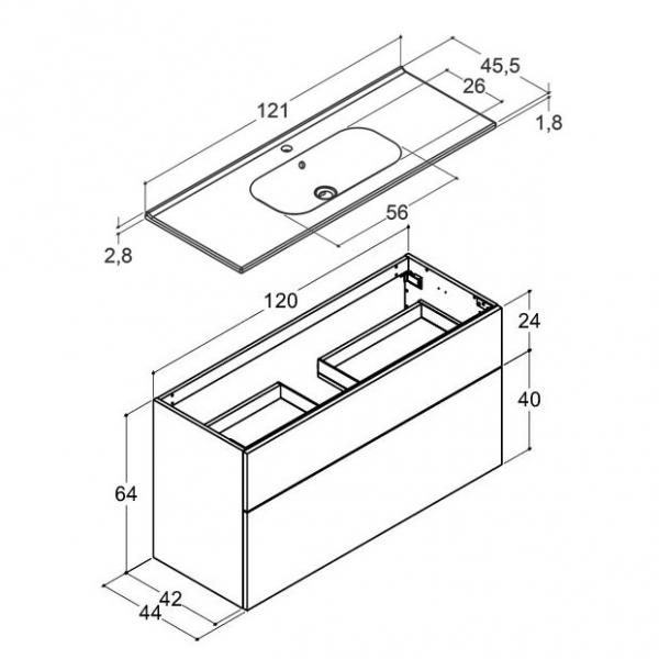 Dansani Luna 121 møbelsæt m/Kantate vask, høj skuffe og indretning - Brun eg Dansani Luna 121 møbelsæt m/Kantate vask, høj skuffe og indretning - Brun eg