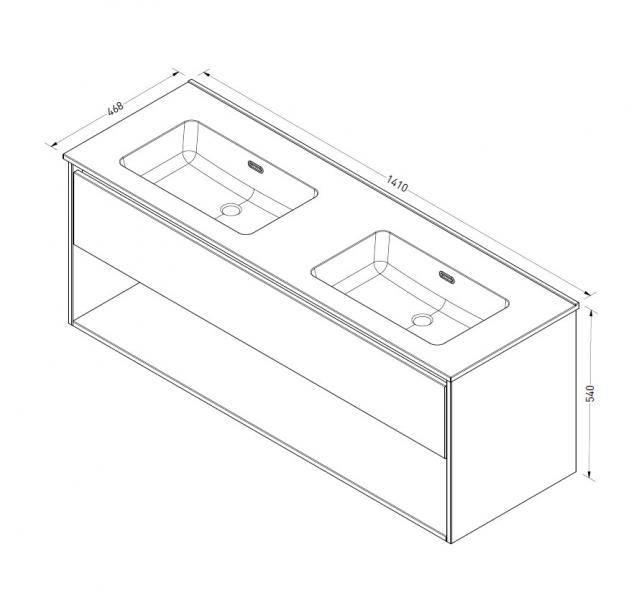 Sanibell Proline 140 m&oslash;bels&aelig;t m/skuffe, hylde og dobbeltvask - Uden hanehul - R&aring; eg