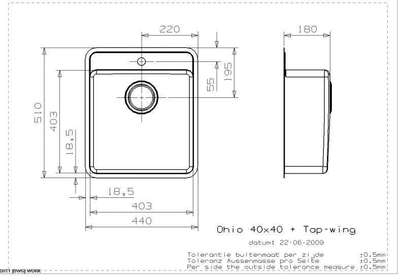 Lavabo Reginox Ohio 40x40 k&oslash;kkenvask med hanehul