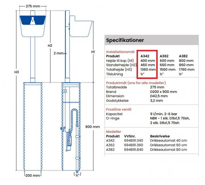 Frostfri drikkeautomat til k&oslash;er og heste - 40 cm