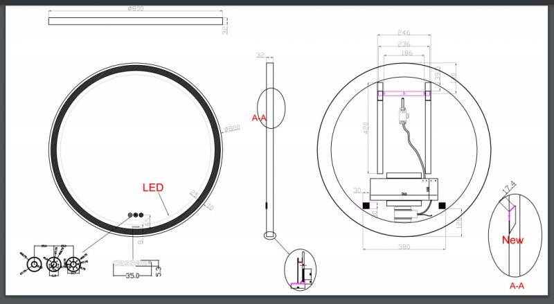 Cass&oslash;e Torino rundt spejl m/touch og sort ramme - &Oslash;80