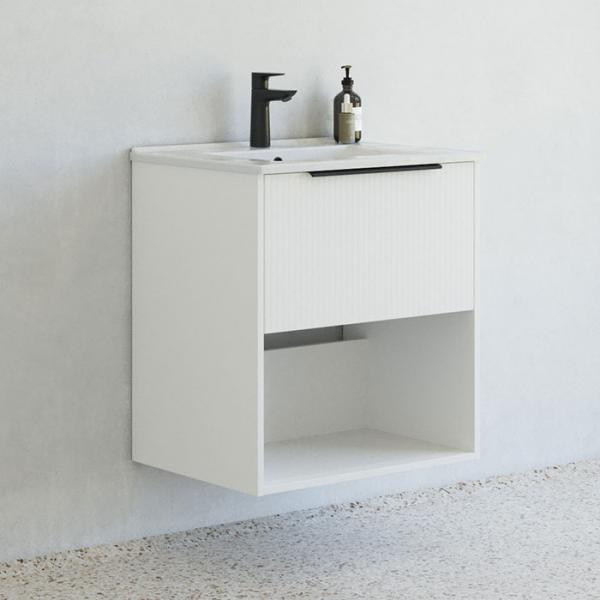 Dansani Mido+ Classic 61 møbelsæt m/Amber vask, 1 skuffe og åbent rum - Striber/mat hvid Dansani Mido+ Classic 61 møbelsæt m/Amber vask, 1 skuffe og åbent rum - Striber/mat hvid