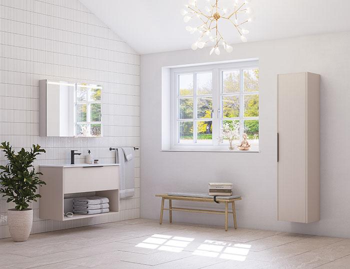 Dansani Mido+ Classic 101 m&oslash;bels&aelig;t m/Amber vask, 1 skuffe og &aring;bent rum - Striber/mat sand